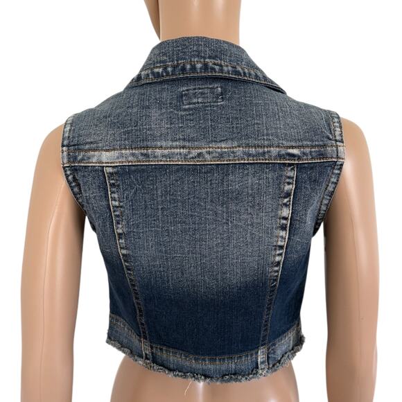 Y2K Mudd Cropped Micro Denim Vest Streetwear Casual Fitted Distressed Blue Jean - Picture 5 of 8